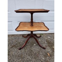 Antique Victorian 2 Tier Dark Wood Dumbwaiter Parlor Table With Detailed Carved Feet. 