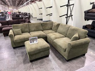 Olive green sectional with ottoman