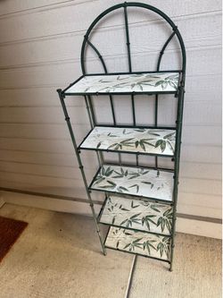 Sturdy folding faux bamboo metal étagère plant stand and 5 heavy bamboo patterned removable ceramic tiles 63”H x 20”W x 11”D Price is firm, cash only