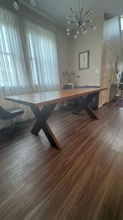 Custom Dinning table and Bench- reclaimed wood and steel