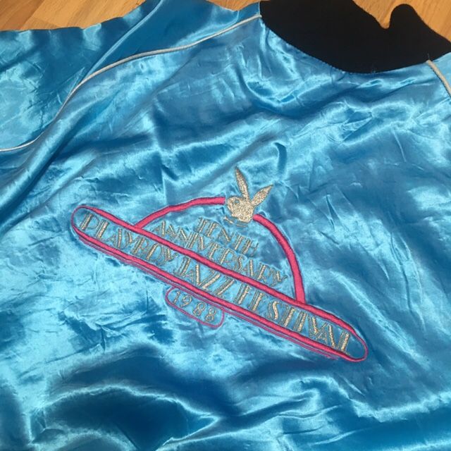 Vintage 80s Playboy Jazz Festival '88 Satin Bomber Jacket XL rare neon Blue rap embroidered bunny logo