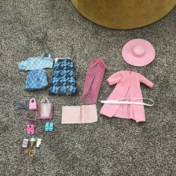 Barbie clothes, bags, glasses, and other.