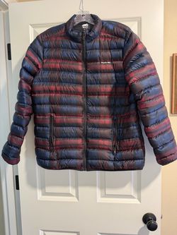 Roots Packable Down Plaid Puffer Jacket in a red and blue plaid pattern.