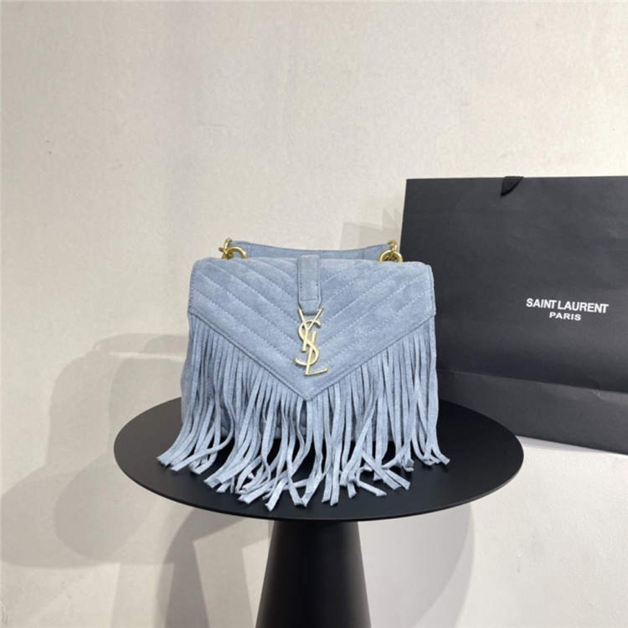 Blue Suede YSL Fringe Handbag