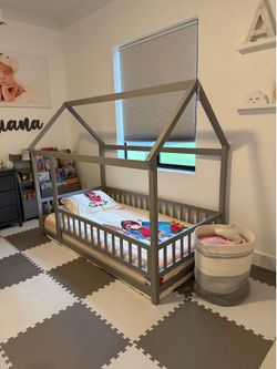 Gray Toddler House Bed Frame + Mattress