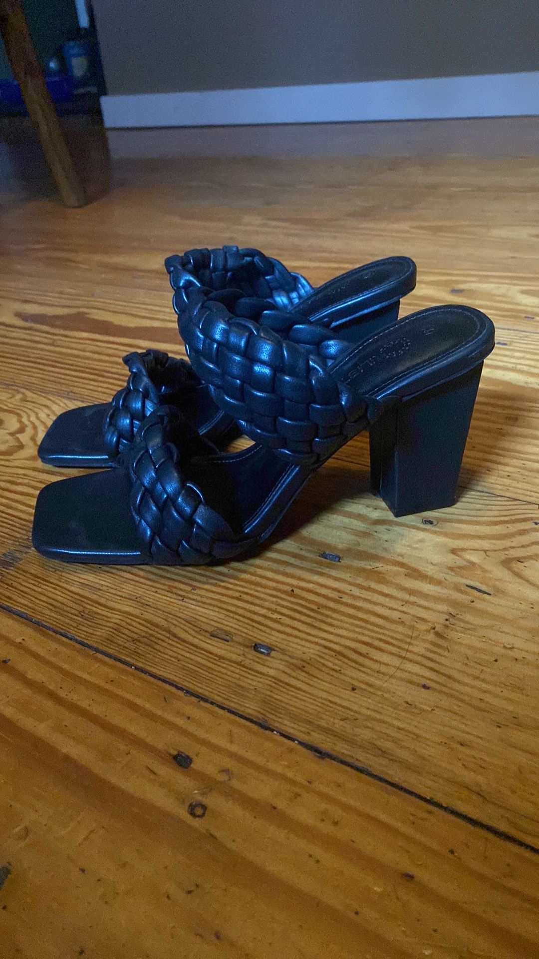 Womens Braided Heeled Sandals Square Open Toe Backless Block Double Straps Slippers