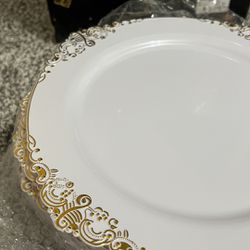 Gold and White 10.25inch Plastic Plates 50PCS