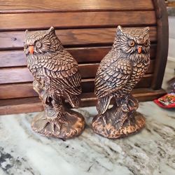 2 Vtg  Stone Chalkware Owl Figurines  Plaster Heavy