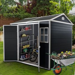 8x6ft Outdoor Resin Garden Shed with Floor and 2 Windows, Plastic Patio Outdoor Storage Shed with Lockable Door for Garden Tools, Bicycles, Trash Cans