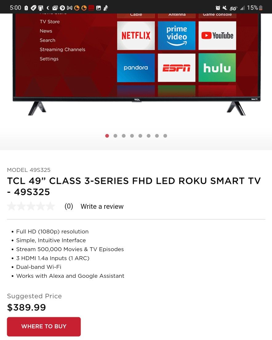TCL 49” CLASS 3-SERIES FHD LED ROKU SMART TV