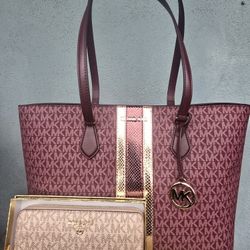 Michael Kors Large Burgandy Tote With Rosegold Trim & A Rosegold Wallet 