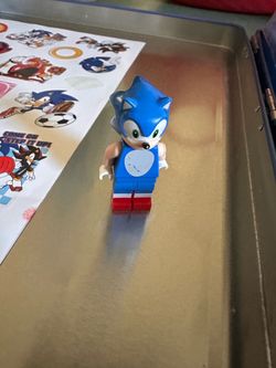 Sonic Lego figure and used Sonic the Hedgehog Deluxe Activity Set, Carrying Tin & Art Supplies for Kid