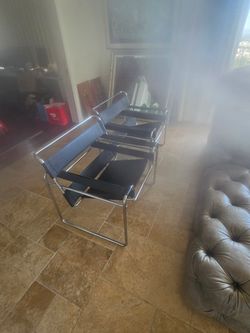 Black Leather & Chrome Armchairs – Pair of 2 | Mid-Century Modern