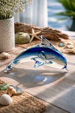 Vintage 1970s Handblown Art Glass Dolphin Blue Sommerso Murano Style, 5x3.5”