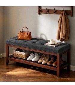 44" Entryway Shoe Bench, Upholstered End of Bed Bench with Solid Wood Shelf, Button Tufted Shoe Bench for Bedroom, Hallway, Living Room, Light Grey br