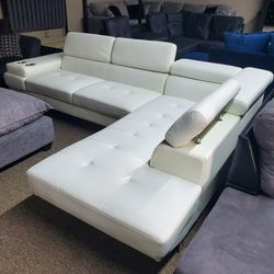 White Leather Sectional with Adjustable Headrests 