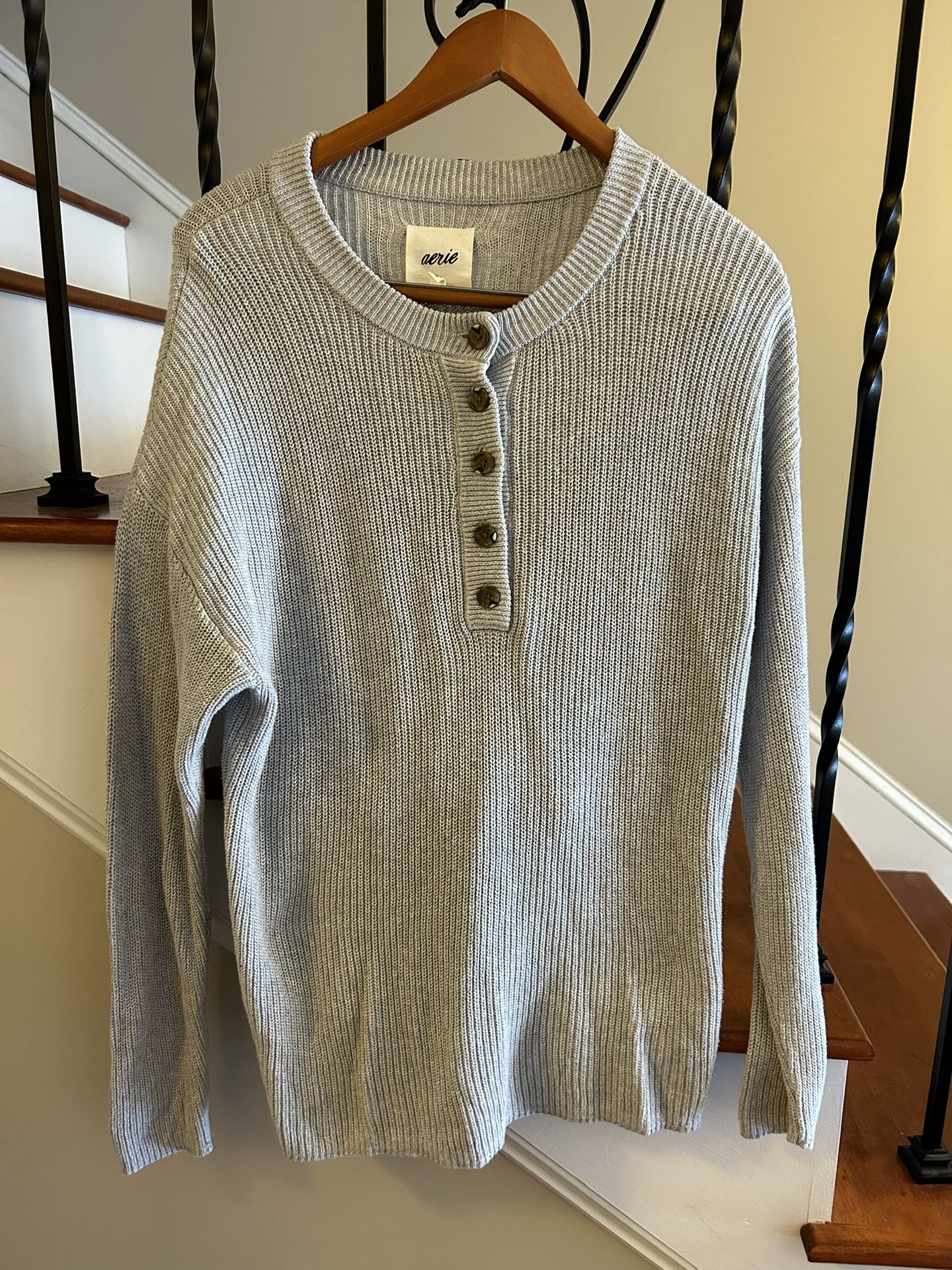 Women’s Aerie Grey Knit Sweater Size XS 3/4 Button Neck Long Sleeve