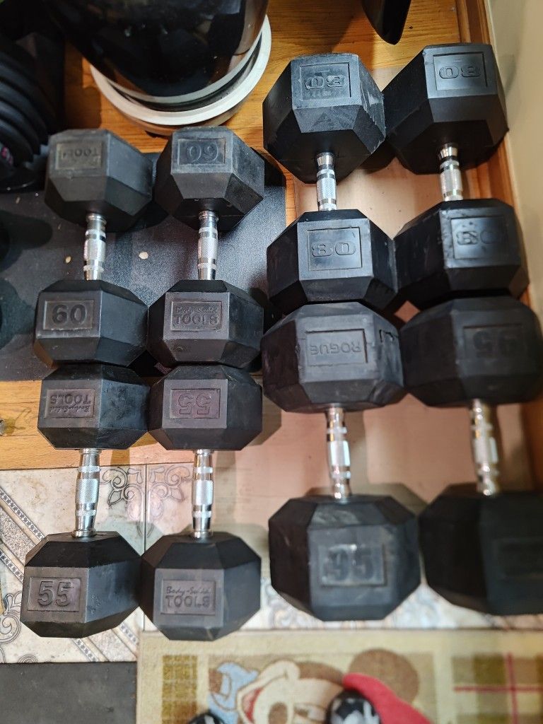 55lb, 60lb, 80lb, 95lb Rubber Hex Dumbbells