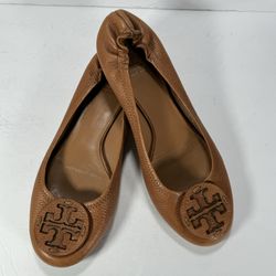 Tory Burch Reva Light Brown Pebbled Leather Ballet Flats Women's Size 10M