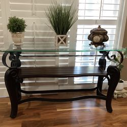 Glass Top Console Table – Iron Scroll Legs & Wood Shelf – 51.5”L x 17.5”W x 30.5”H