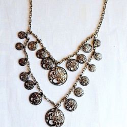 Vintage Jules B Silver Tone Filigree Double Layered Medallion Necklace