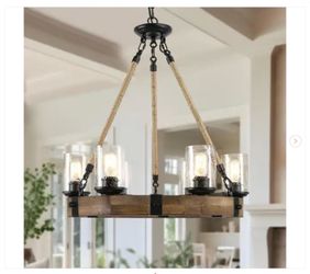 25 in. W Farmhouse Chandelier 6-Light Black Wagon Wheel Wood Chandelier Light Fixture- New