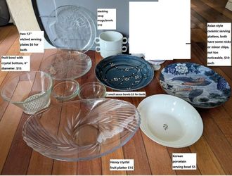 glassing serving plates, embossed, crystal fruit platter, large noodle soup bowl, jumbo white stacking mugs