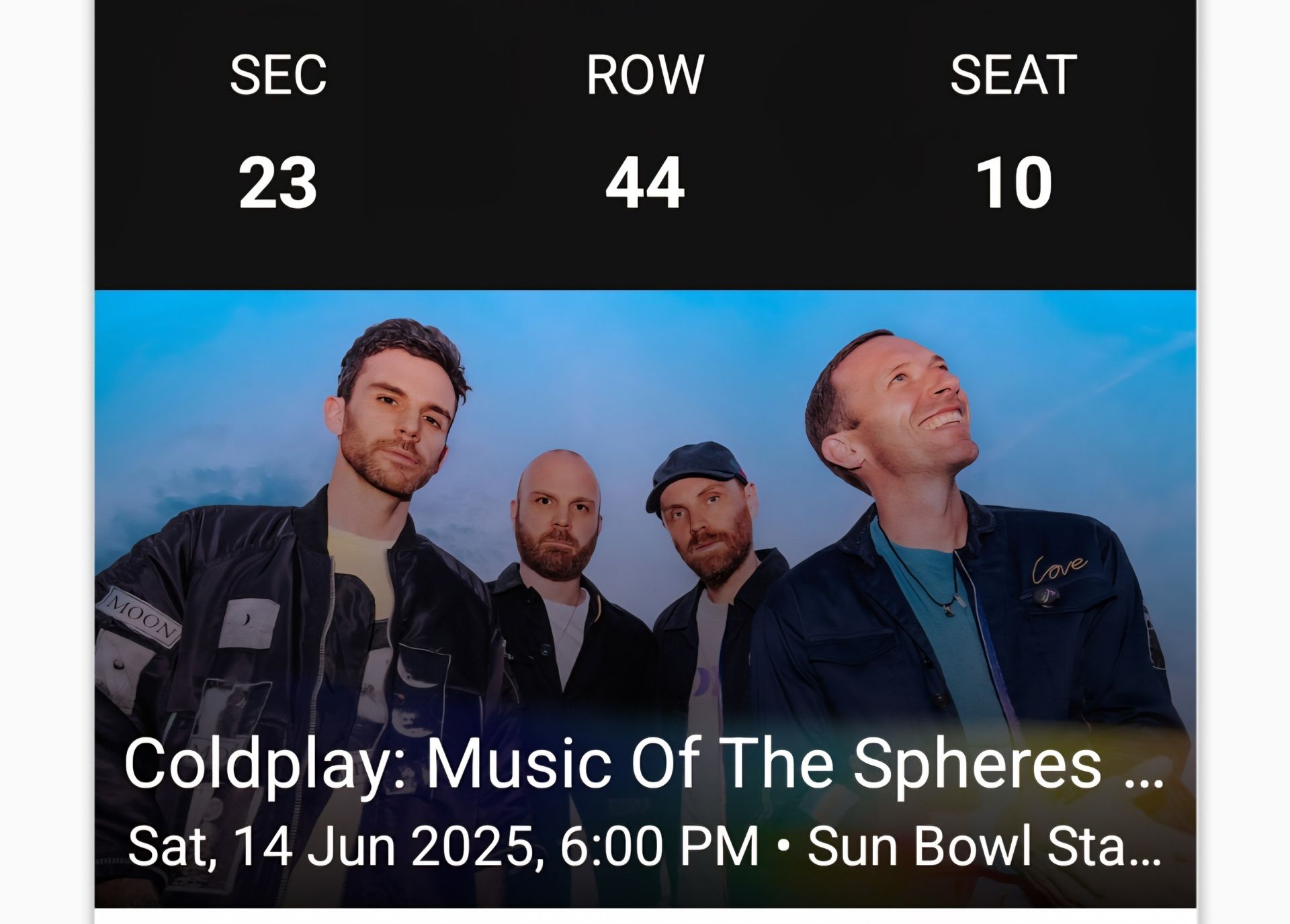 Selling two cold play ticket. There 550$ for both tickets seats 10, and 11.