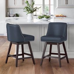 Navy Blue Solid Wood Frame Swivel Counter Height Bar Chairs