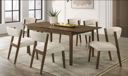 Brand New Walnut & Beige Mid-Century Modern Style 7pc Dining Table Set