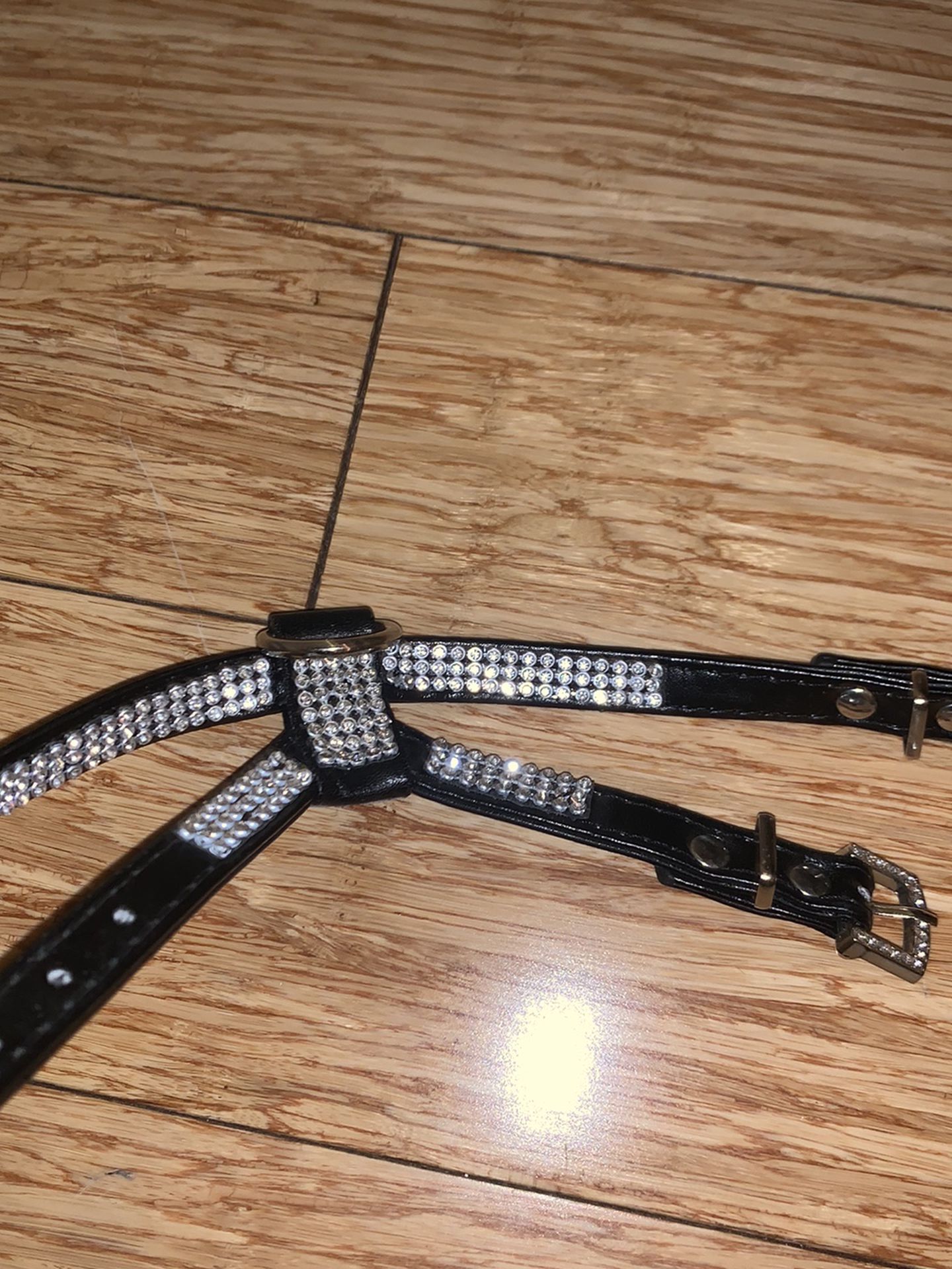 SMALL RHINESTONE BLACK SILVER PUPPY DOG HARNESS FAUX LEATHER BLING