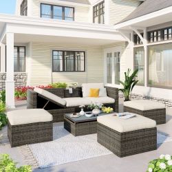 5-pc Outdoor Rattan Sectional Sofa w/ Adjustable Backrest / Ottomans / Lift-top Coffee Table [NEW IN BOX] **Retails for $800 <Assembly Required>