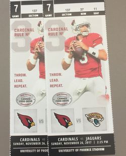 2 Arizona cardinals vs Jacksonville Jaguars lower level tickets with parking pass