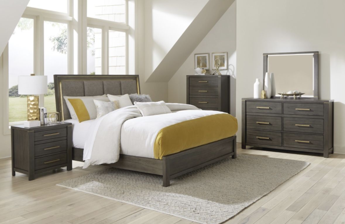 Modern Charcoal Comfort Bedroom Set with Sleek Brass Accents