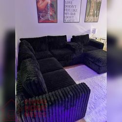 4 Pieces Black Corduroy Sectional sofa set with ottoman