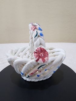 Vintage Miniature SPAIN Rustic Porcelain Hand Painted Handmade Flower Basket