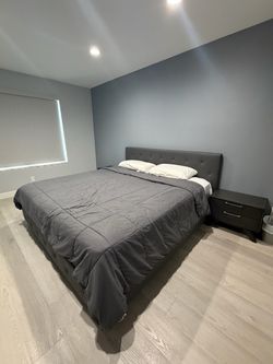 Modern Upholstered King Size Bed Frame + 2 Matching Nightstands