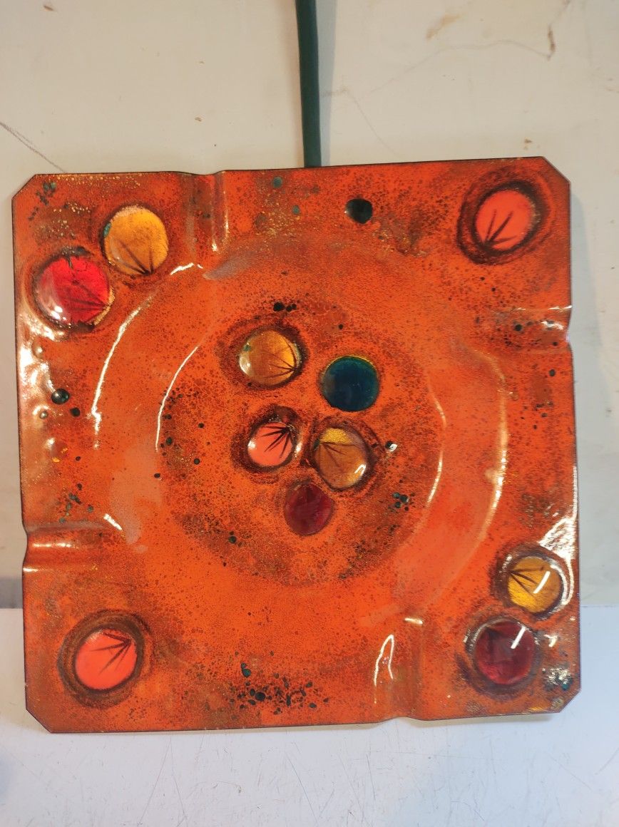 1950's-60's California Cloisonné XL Enamel On Copper Orange Ashtray