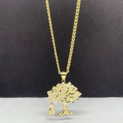 14k Gold Miami cubana Chain and money tree pendant gold