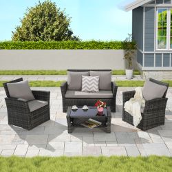 4 Pieces Outdoor Patio Furniture Sets Garden Rattan Chair Wicker Set, Poolside Lawn Chairs with Tempered Glass Coffee Table Porch Furniture