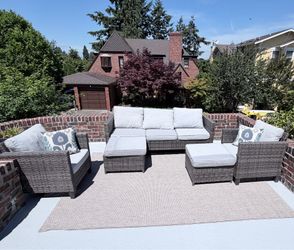 Outdoor Patio Conversation Set – Sofa + 2 Chairs + Ottoman/Coffee Tables