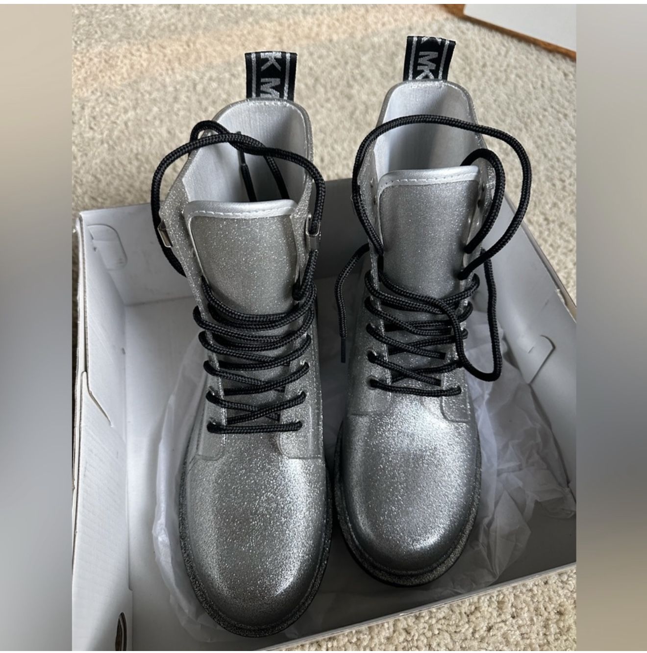 Michael Kors Silver Glitter Combat Boots – Size 10