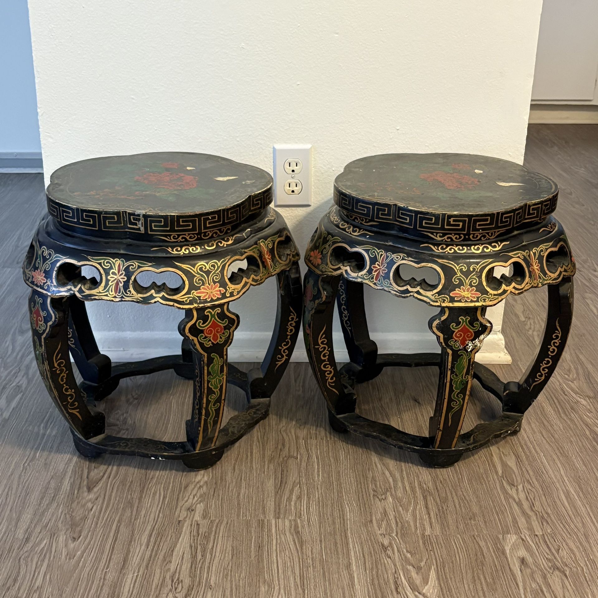Vintage Chinese Asian Wooden Lacquered Stool Side Table Birds Flowers Set Of 2