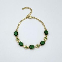 18K Gold Plated Green Crystal Emerald Charm Bracelet for Women