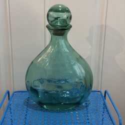 Mid Century Hand Blown Art Green Bubble Glass Decanter W/ Stopper 