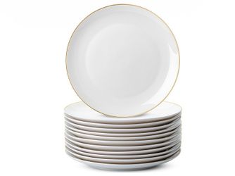 Gold Rimmed 10.5” White Porcelain Dinner Plates, Set of 12