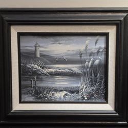 Vtg Original Framed Oil Painting H. Gailey Monotone Coastal Lighthouse Moon