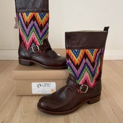 Fair Trade Brown Leather Huipil Chichi Geometric Flat Boots - 39 / 8 new in box
