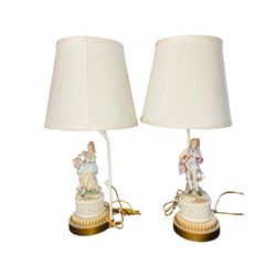 vintage Rococo Revival or Victorian-style porcelain figurine lamps