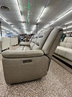 Gray Leather Power Recliner Sofa